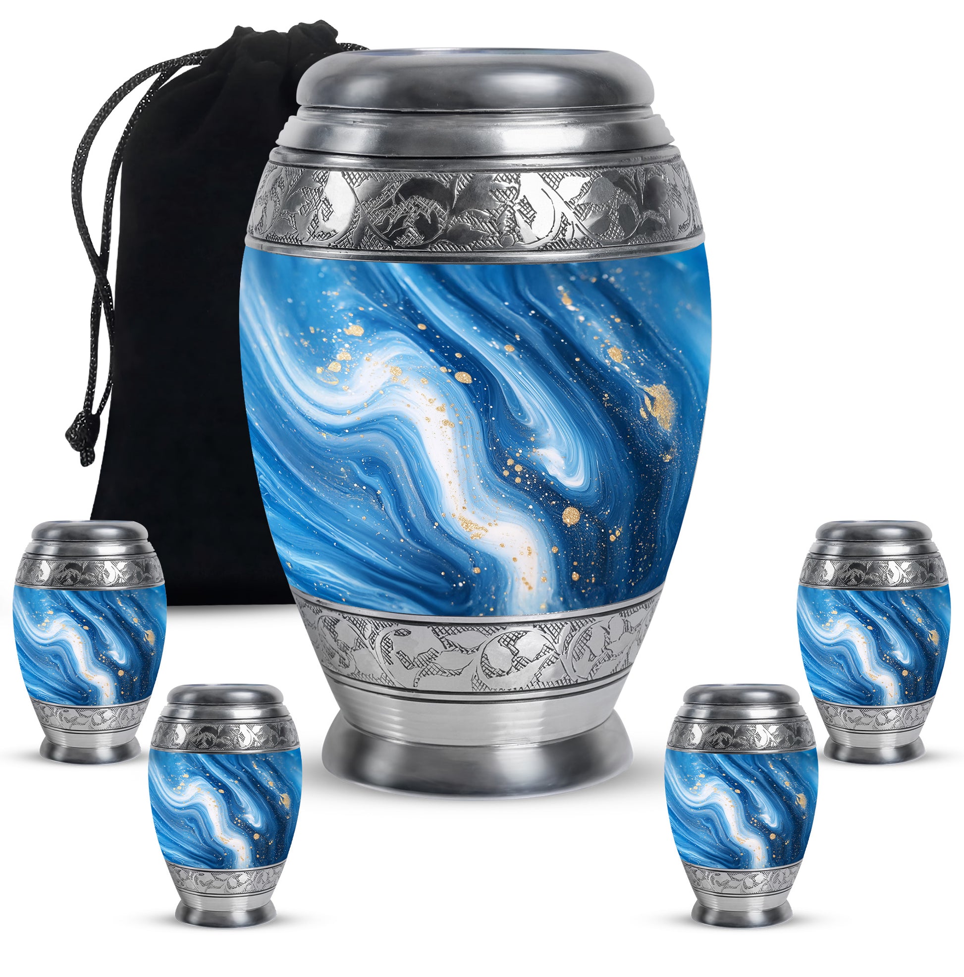 Cornflower Blue Blue Cremation Urn detail view - majestic blue pattern with filigree border - memorial set with one large and four small urns