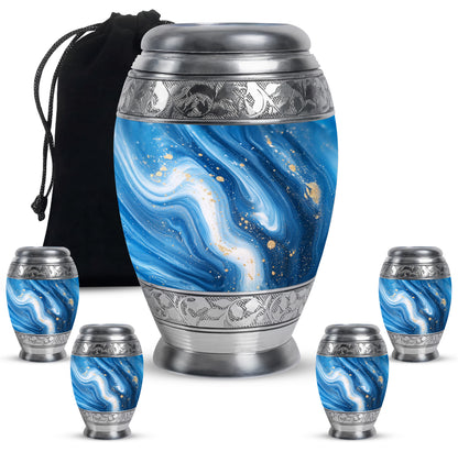 Cornflower Blue Blue Cremation Urn detail view - majestic blue pattern with filigree border - memorial set with one large and four small urns
