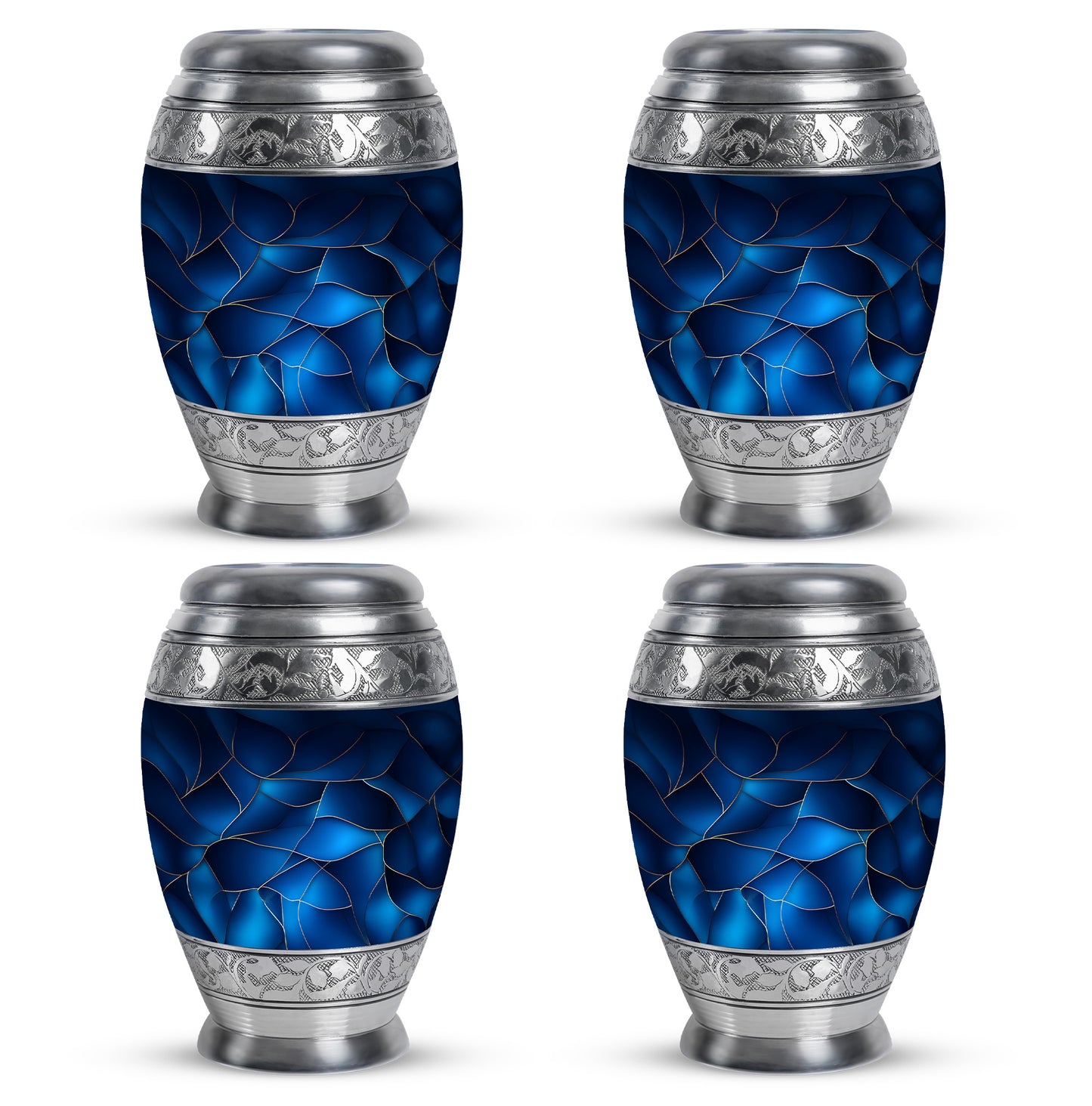 Misty Blue Blue Cremation Urn urn with complimentary velvet bag - ornate monarch-style blue relief on brushed aluminum - 10 inch aluminum urn for cremated remains