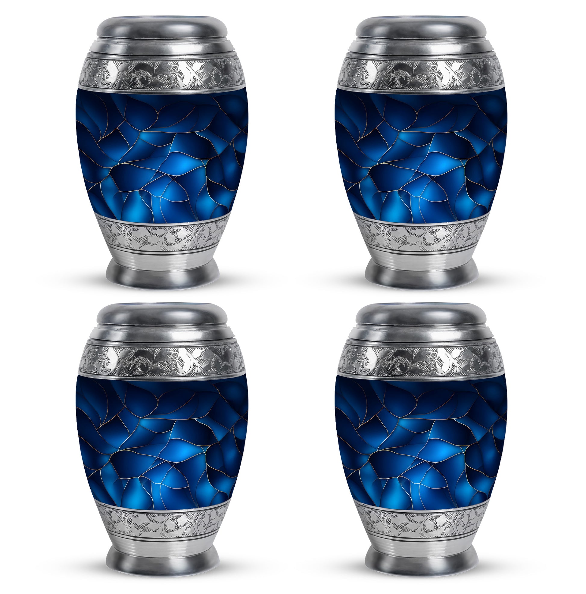 Misty Blue Blue Cremation Urn urn with complimentary velvet bag - ornate monarch-style blue relief on brushed aluminum - 10 inch aluminum urn for cremated remains