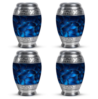 Misty Blue Blue Cremation Urn urn with complimentary velvet bag - ornate monarch-style blue relief on brushed aluminum - 10 inch aluminum urn for cremated remains