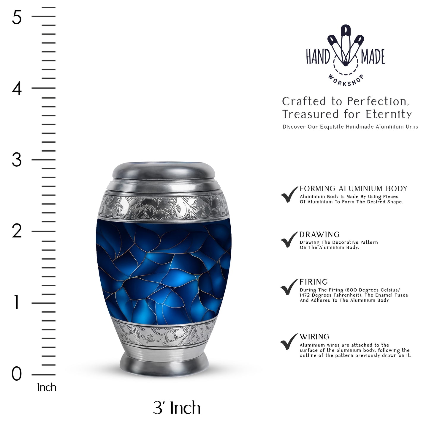 Twilight Blue Blue Cremation Urn lifestyle display on memorial shelf - majestic blue pattern with filigree border - mini keepsake memorial for portion of cremation ashes