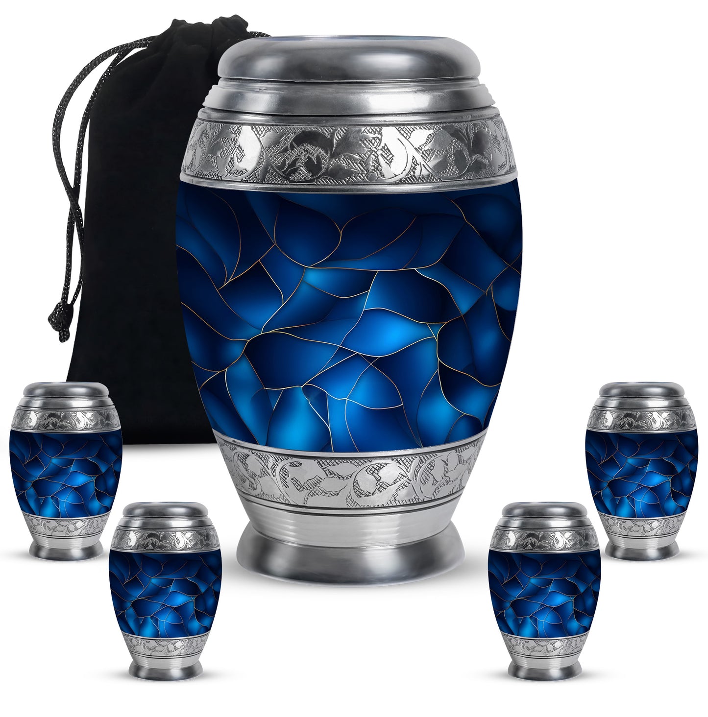 Pastel Blue Blue Cremation Urn detail view - regal blue design with crown-inspired accents - memorial set with one large and four small urns