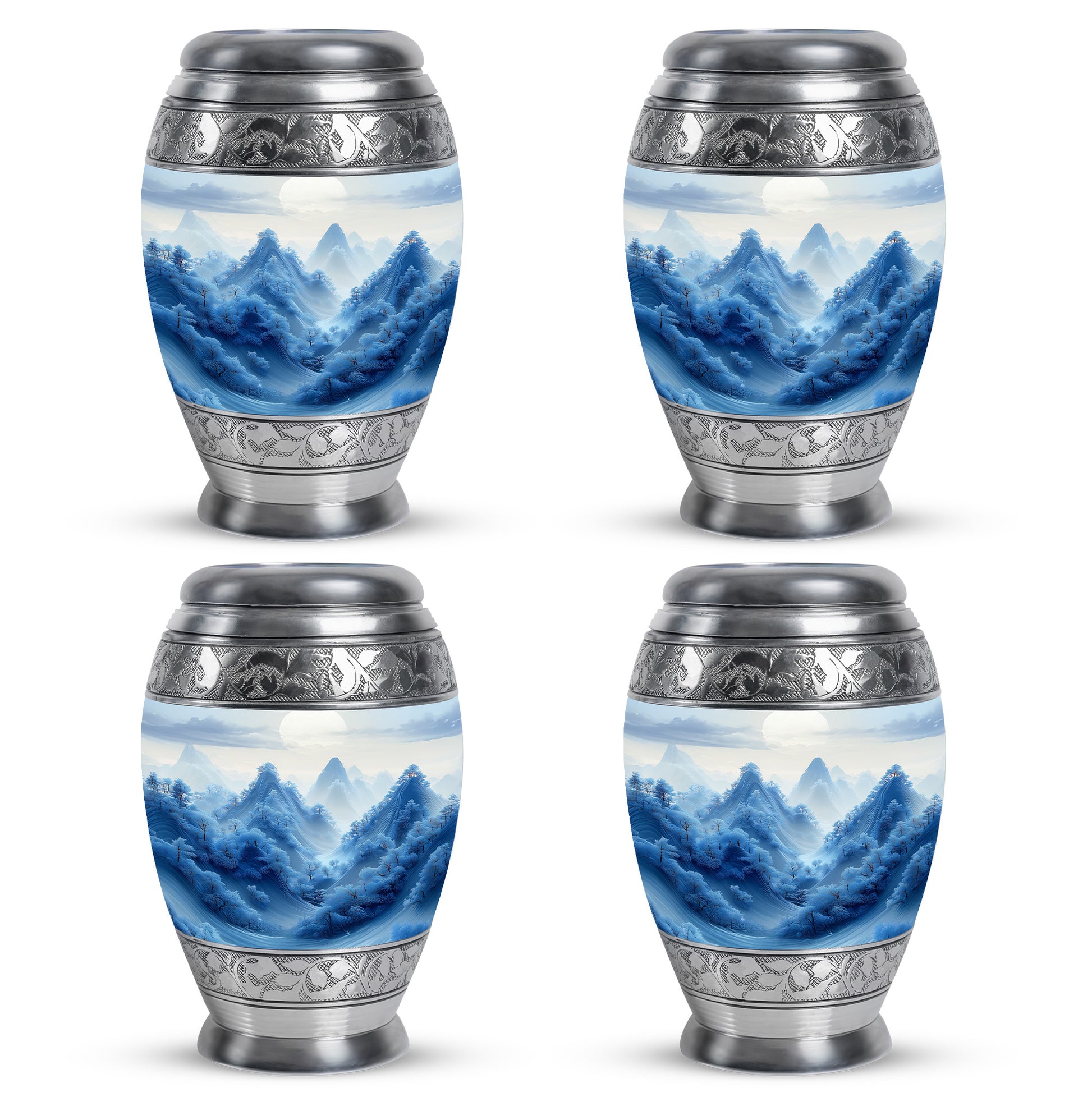 Polished Silver Blue Cremation Urn urn with complimentary velvet bag - royal blue engraving with decorative scrollwork - 10 inch aluminum urn for cremated remains