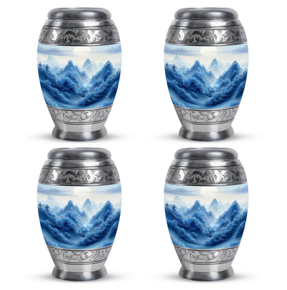 Polished Silver Blue Cremation Urn urn with complimentary velvet bag - royal blue engraving with decorative scrollwork - 10 inch aluminum urn for cremated remains