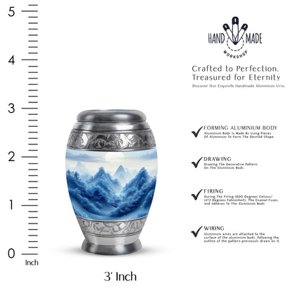 Polished Silver Blue Cremation Urn lifestyle display on memorial shelf - royal blue engraving with decorative scrollwork - mini keepsake memorial for portion of cremation ashes