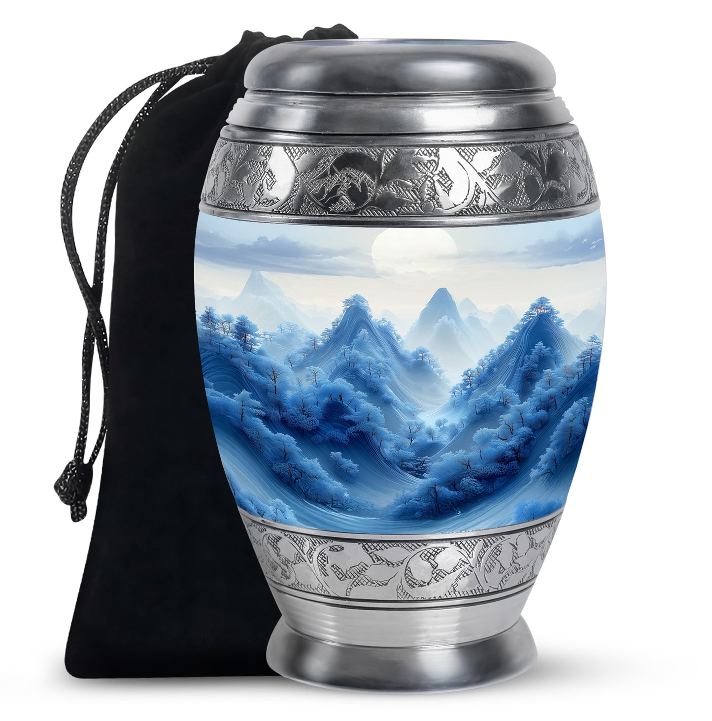 Moonlight Silver Blue Cremation Urn back view with polished surface - royal blue engraving with decorative scrollwork - full-size 10 inch 200 cubic inch adult cremation urn
