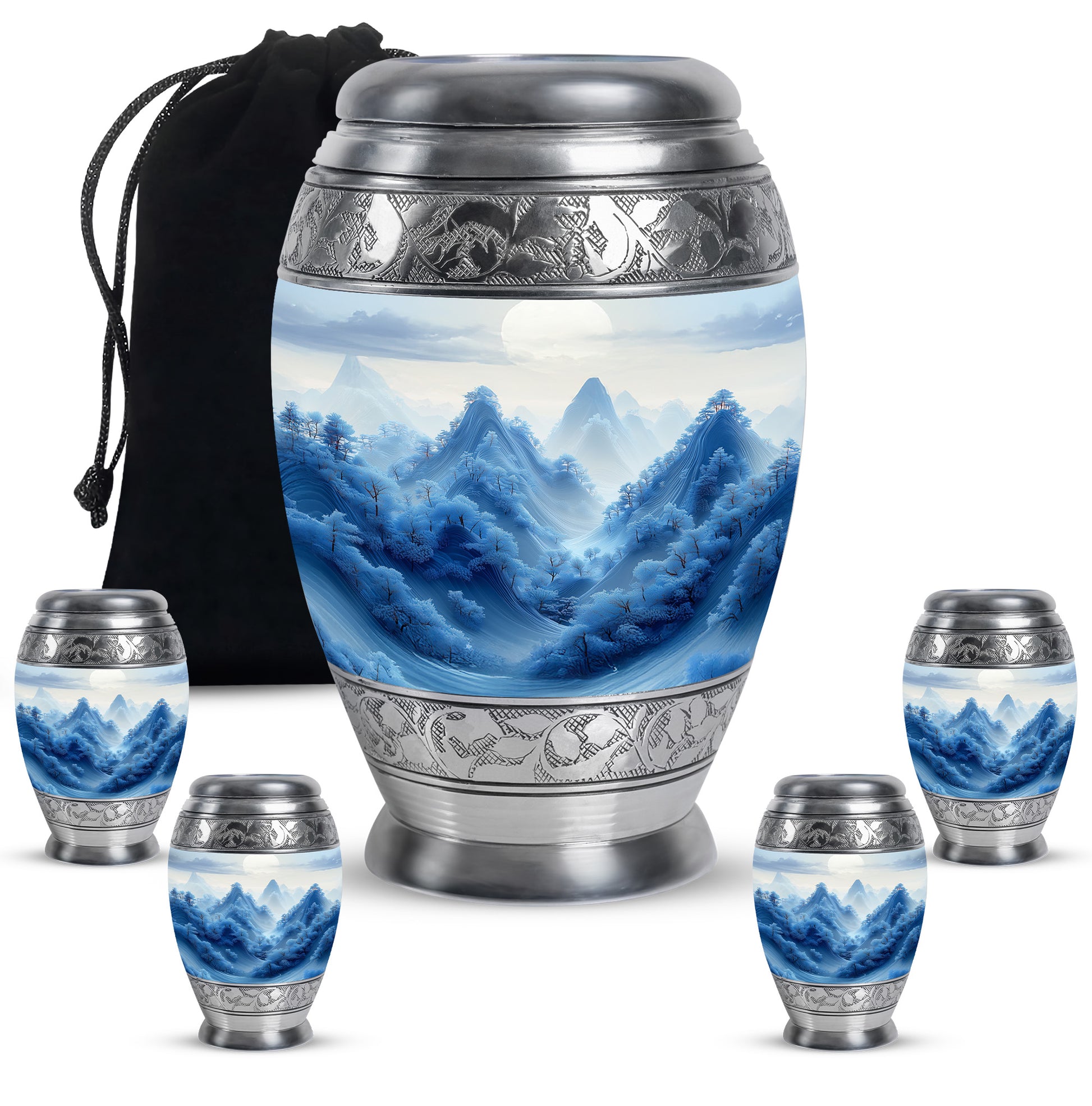 Platinum Silver Blue Cremation Urn detail view - regal blue design with crown-inspired accents - memorial set with one large and four small urns