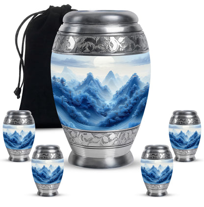 Platinum Silver Blue Cremation Urn detail view - regal blue design with crown-inspired accents - memorial set with one large and four small urns