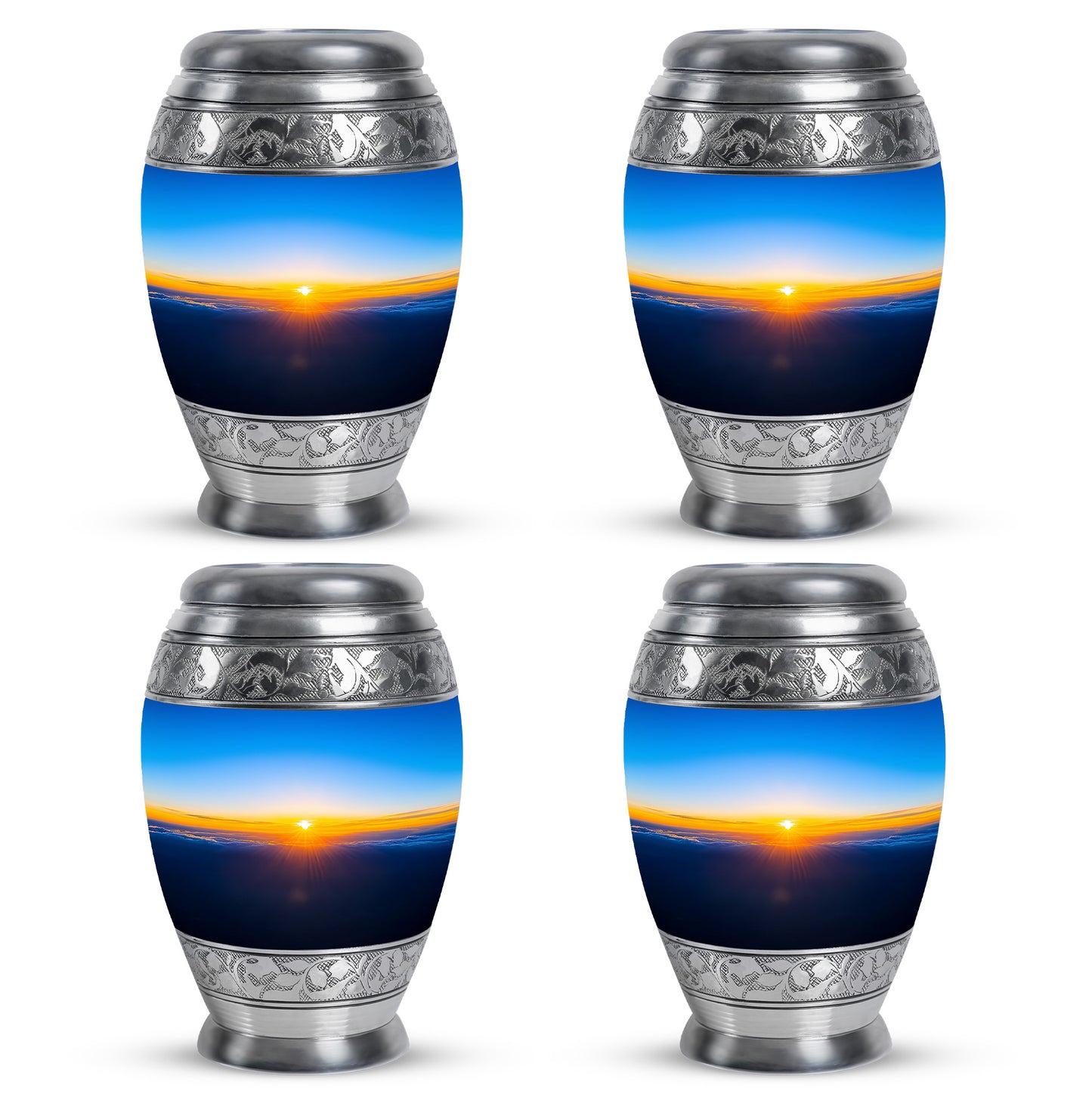 Vivid Blue Blue Cremation Urn urn with complimentary velvet bag - royal blue engraving with decorative scrollwork - 10 inch aluminum urn for cremated remains