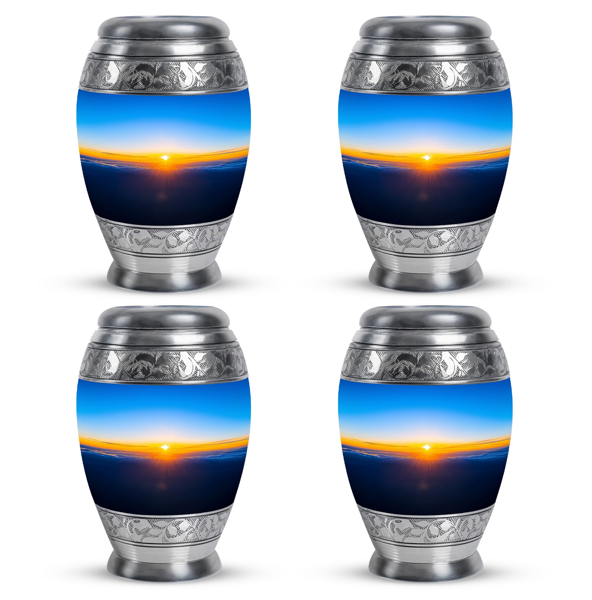 Vivid Blue Blue Cremation Urn urn with complimentary velvet bag - royal blue engraving with decorative scrollwork - 10 inch aluminum urn for cremated remains