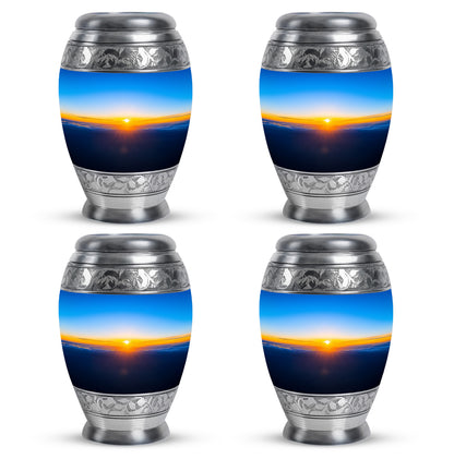 Vivid Blue Blue Cremation Urn urn with complimentary velvet bag - royal blue engraving with decorative scrollwork - 10 inch aluminum urn for cremated remains
