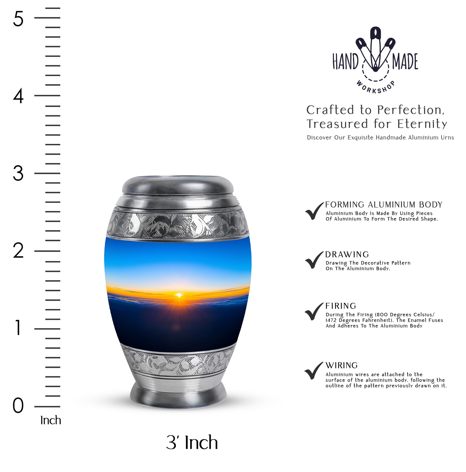Soft Blue Blue Cremation Urn lifestyle display on memorial shelf - majestic blue pattern with filigree border - mini keepsake memorial for portion of cremation ashes