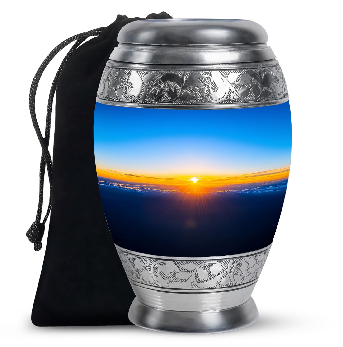 Sapphire Blue Blue Cremation Urn back view with polished surface - royal blue engraving with decorative scrollwork - full-size 10 inch 200 cubic inch adult cremation urn