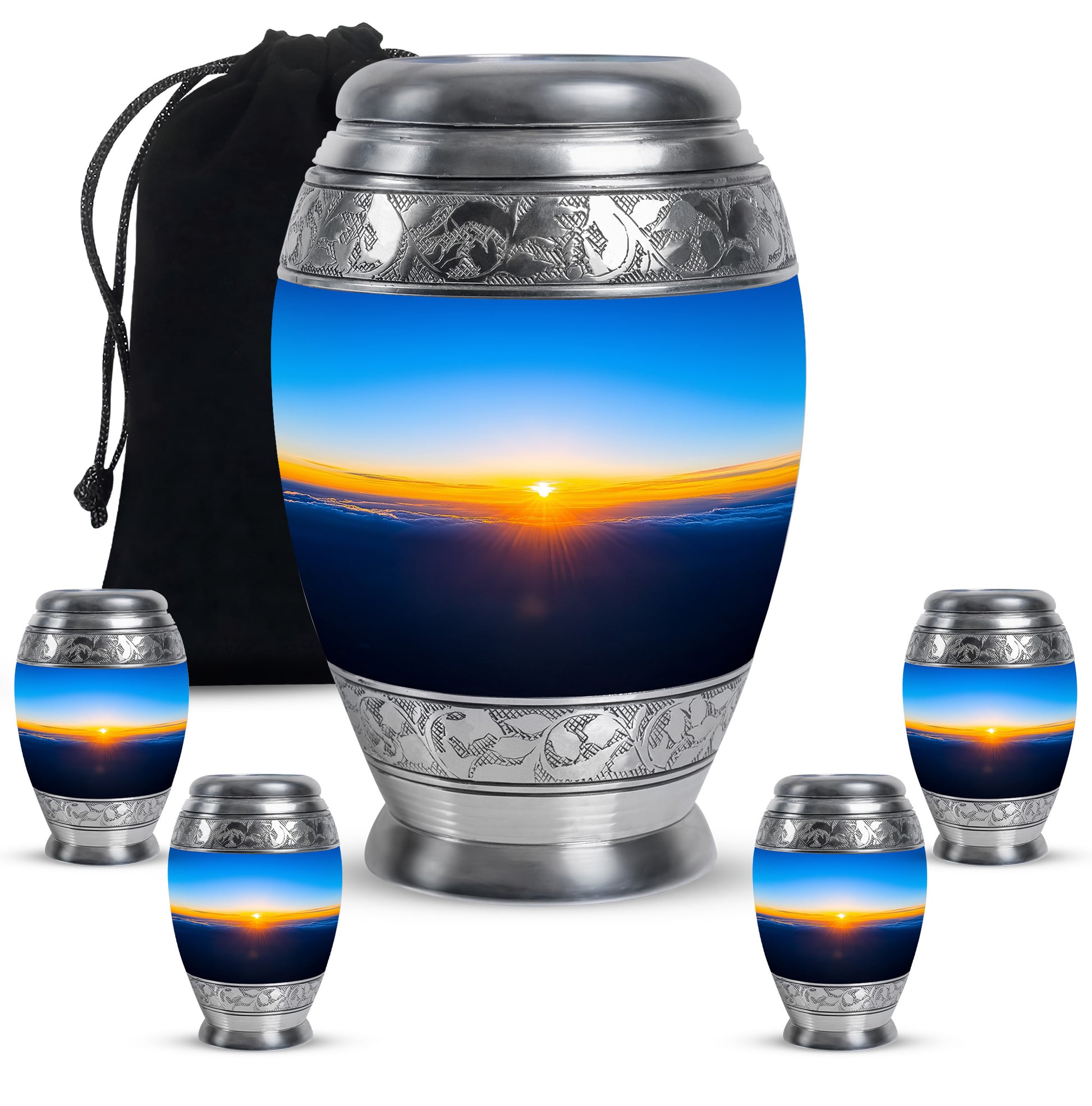 Misty Blue Blue Cremation Urn detail view - regal blue design with crown-inspired accents - memorial set with one large and four small urns