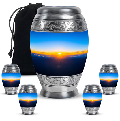 Misty Blue Blue Cremation Urn detail view - regal blue design with crown-inspired accents - memorial set with one large and four small urns
