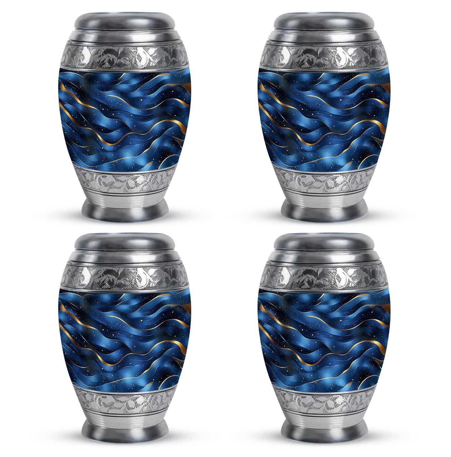 Soft Blue Blue Cremation Urn urn with complimentary velvet bag - majestic blue pattern with filigree border - 10 inch aluminum urn for cremated remains