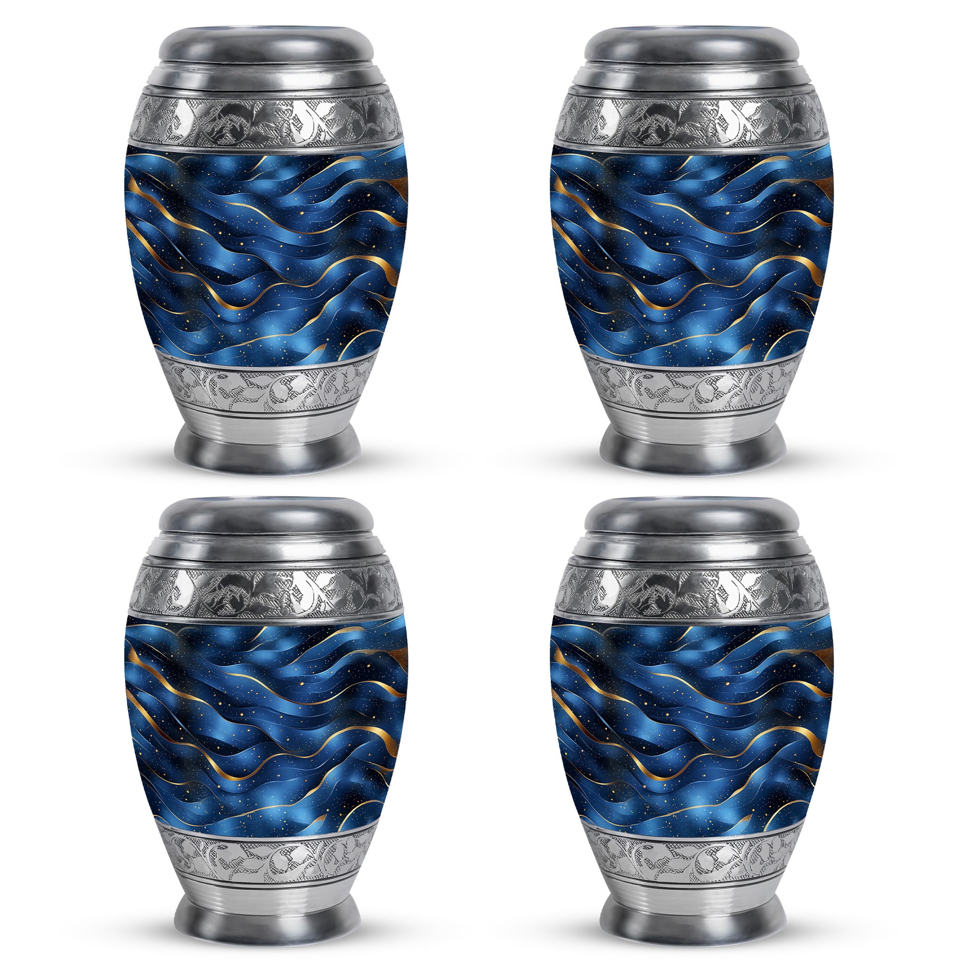 Soft Blue Blue Cremation Urn urn with complimentary velvet bag - majestic blue pattern with filigree border - 10 inch aluminum urn for cremated remains