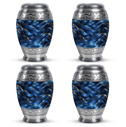 Soft Blue Blue Cremation Urn urn with complimentary velvet bag - majestic blue pattern with filigree border - 10 inch aluminum urn for cremated remains