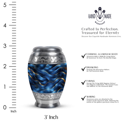 Vivid Blue Blue Cremation Urn lifestyle display on memorial shelf - majestic blue pattern with filigree border - mini keepsake memorial for portion of cremation ashes