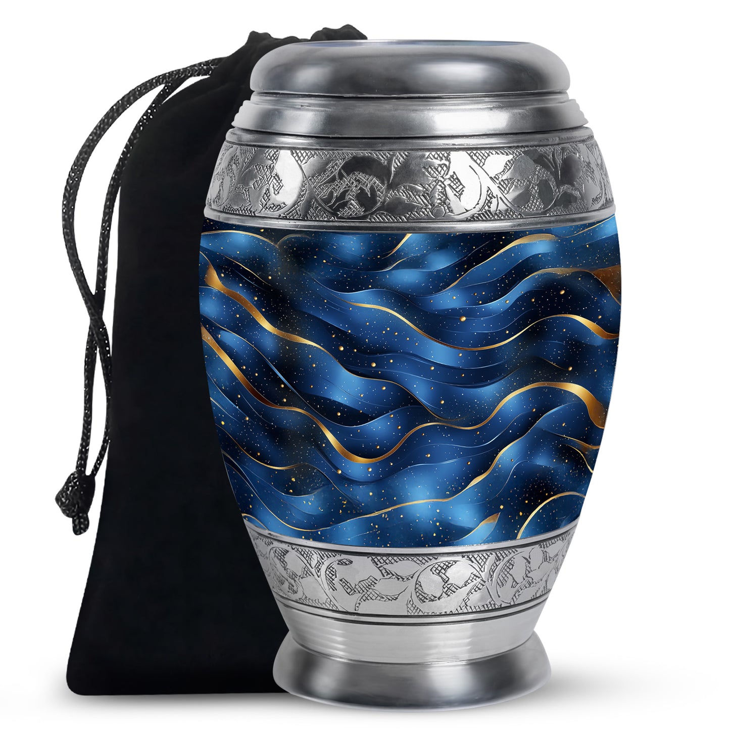 Twilight Blue Blue Cremation Urn back view with polished surface - royal blue engraving with decorative scrollwork - full-size 10 inch 200 cubic inch adult cremation urn
