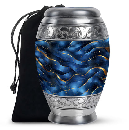 Twilight Blue Blue Cremation Urn back view with polished surface - royal blue engraving with decorative scrollwork - full-size 10 inch 200 cubic inch adult cremation urn