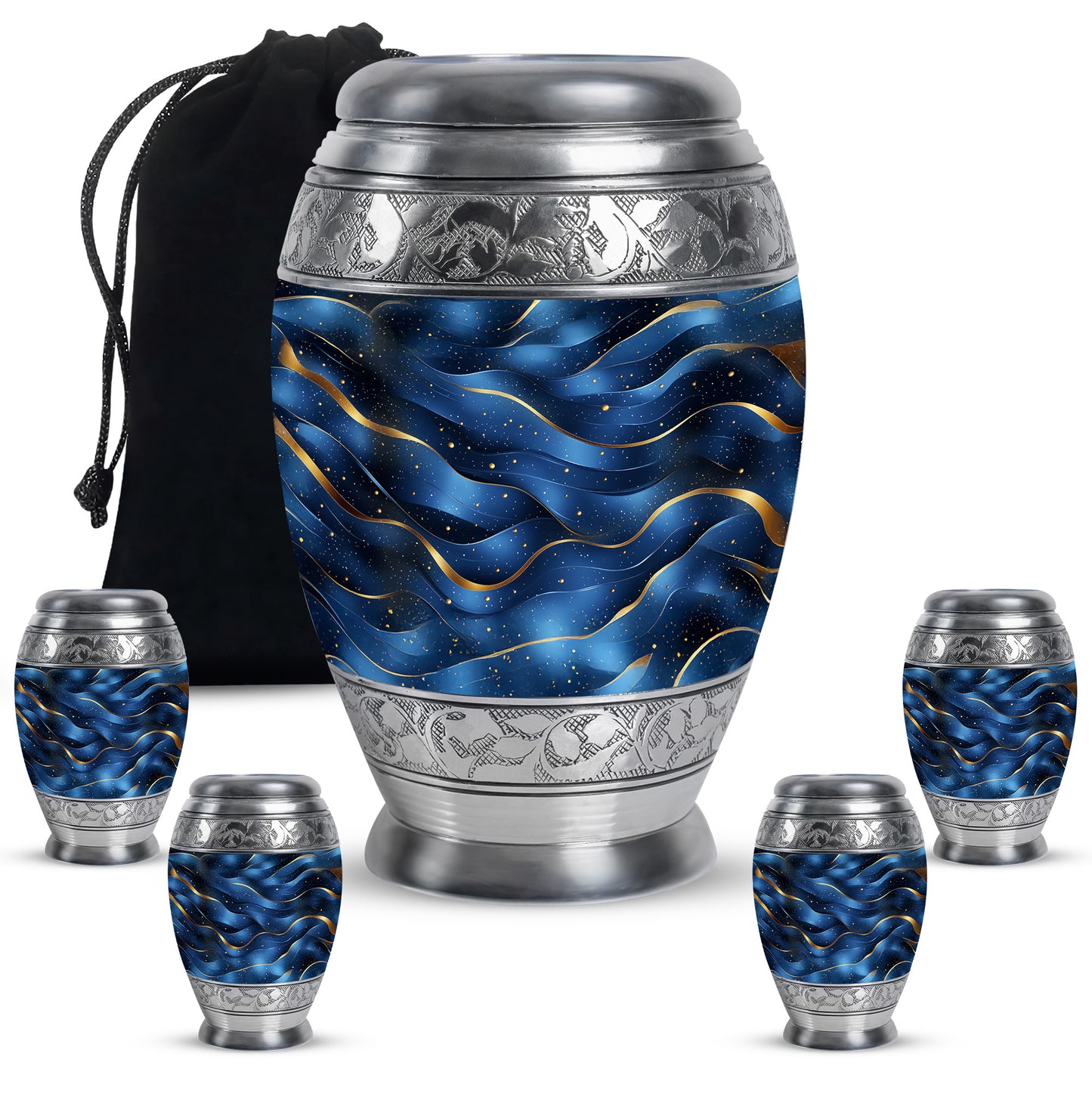 Celestial Blue Blue Cremation Urn detail view - regal blue design with crown-inspired accents - memorial set with one large and four small urns