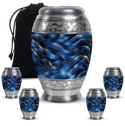 Celestial Blue Blue Cremation Urn detail view - regal blue design with crown-inspired accents - memorial set with one large and four small urns