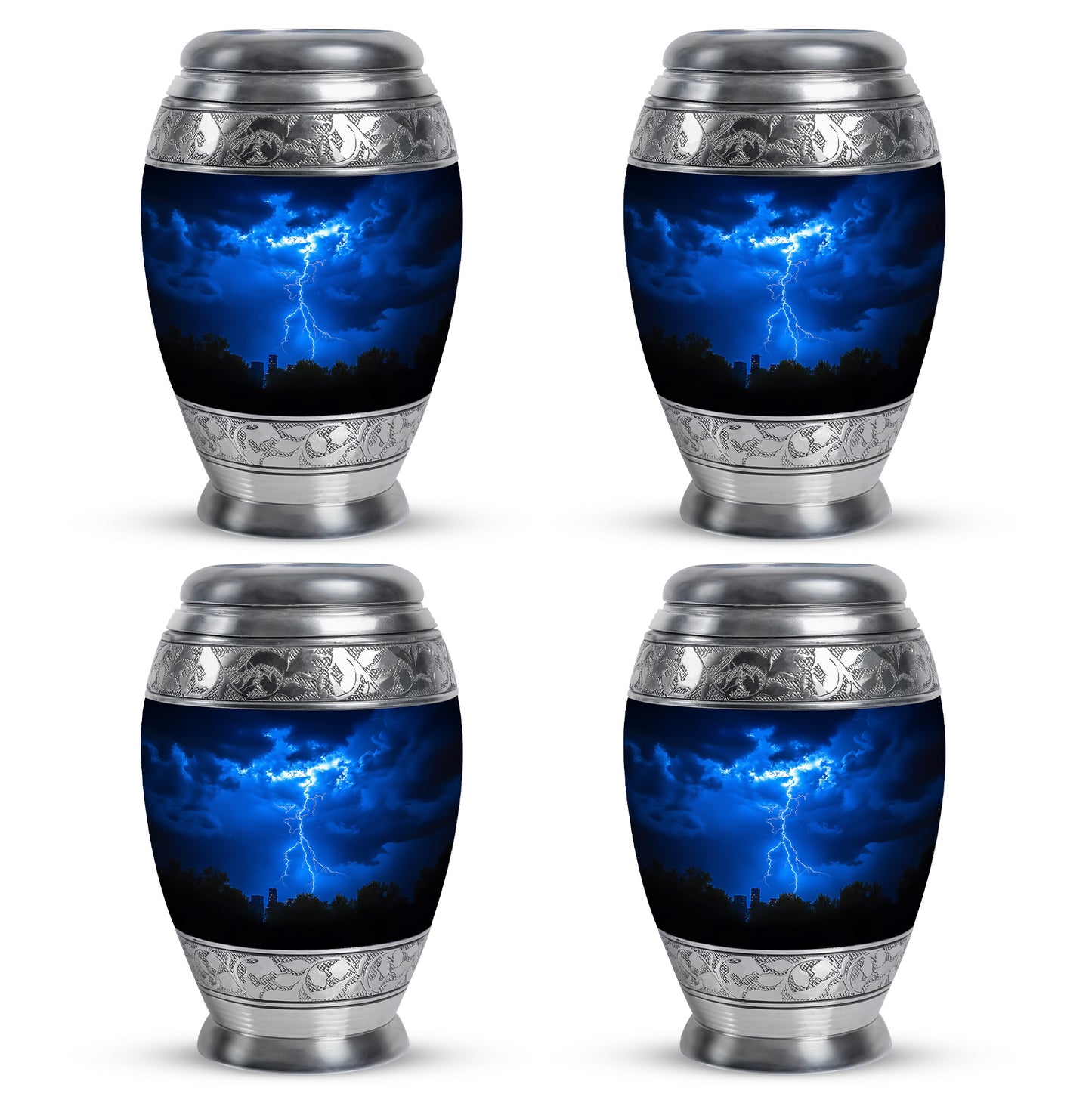 Bright Blue Blue Cremation Urn urn with complimentary velvet bag - royal blue engraving with decorative scrollwork - 10 inch aluminum urn for cremated remains