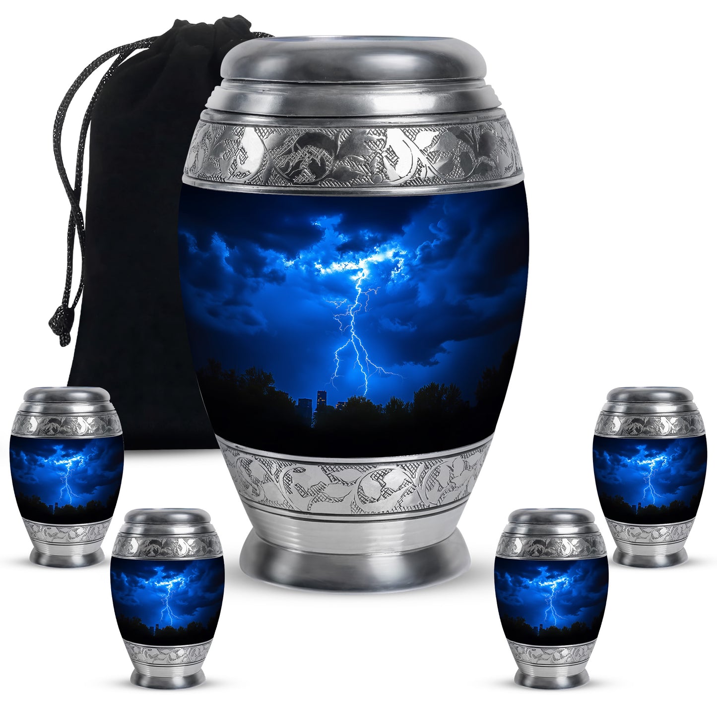 Serene Blue Blue Cremation Urn detail view - majestic blue pattern with filigree border - memorial set with one large and four small urns