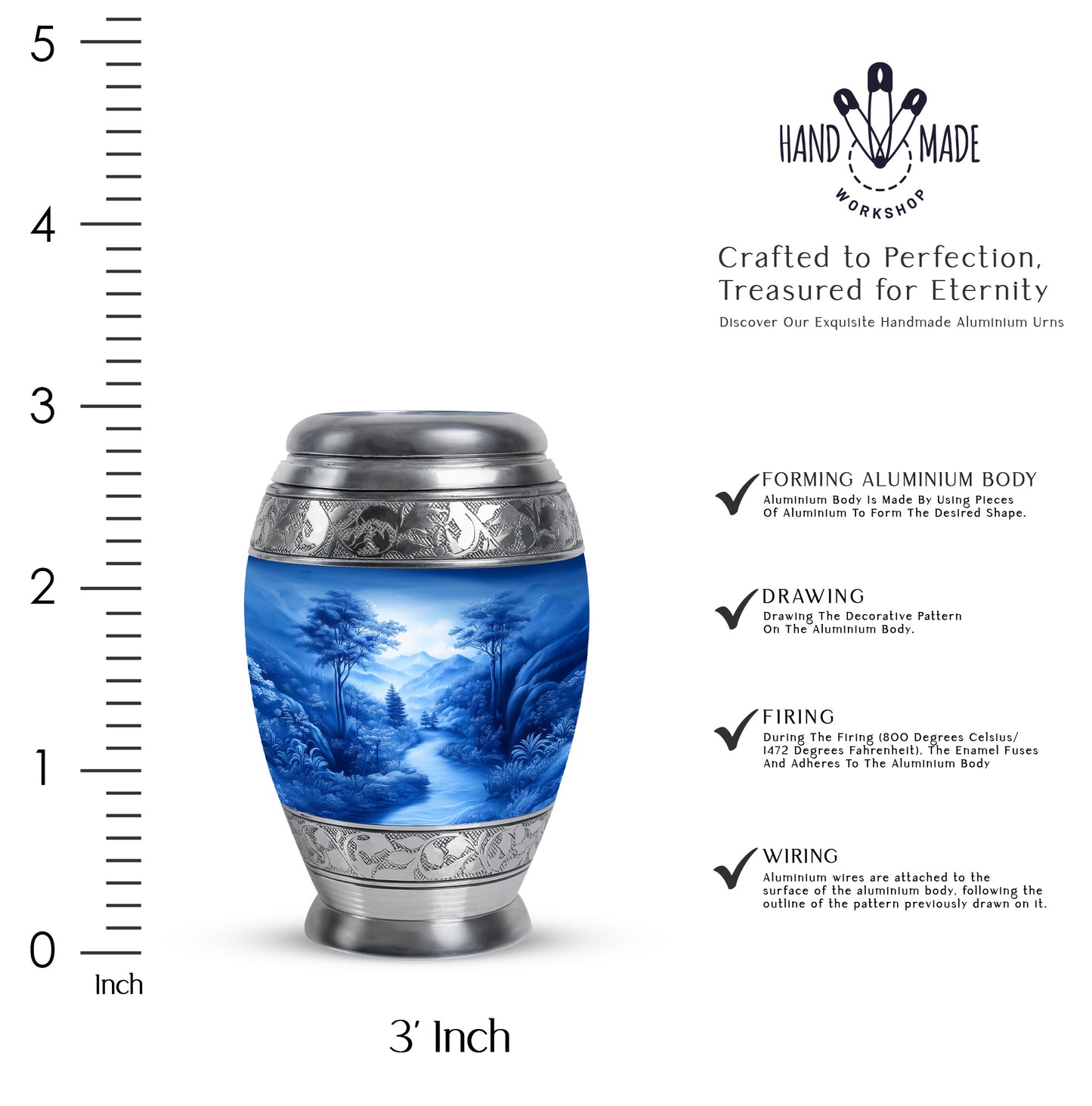 Vivid Blue Blue Cremation Urn lifestyle display on memorial shelf - royal blue engraving with decorative scrollwork - mini keepsake memorial for portion of cremation ashes