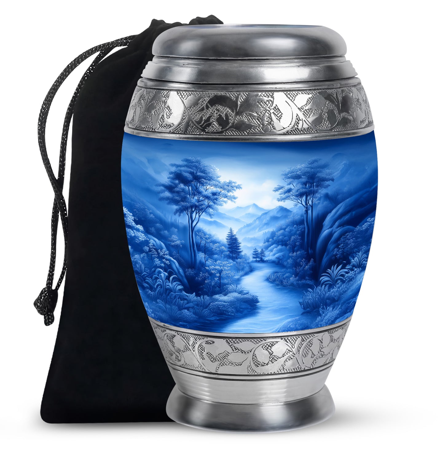 Misty Blue Blue Cremation Urn back view with polished surface - ornate monarch-style blue relief on brushed aluminum - full-size 10 inch 200 cubic inch adult cremation urn