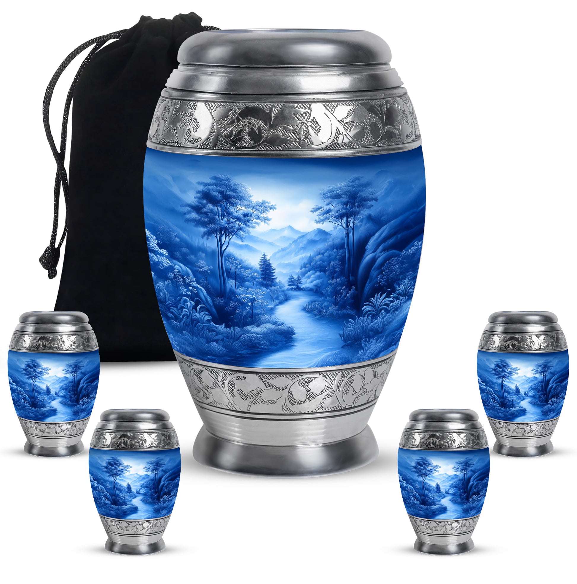 Royal Blue Blue Cremation Urn detail view - royal blue engraving with decorative scrollwork - memorial set with one large and four small urns