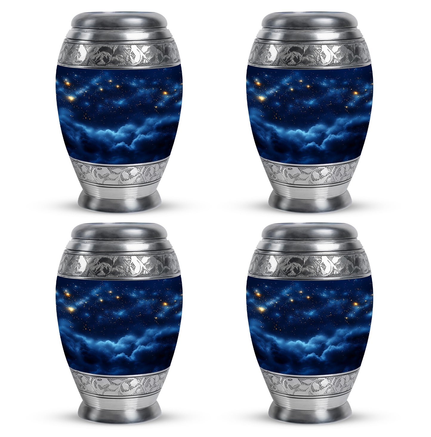 Cornflower Blue Blue Cremation Urn urn with complimentary velvet bag - majestic blue pattern with filigree border - 10 inch aluminum urn for cremated remains
