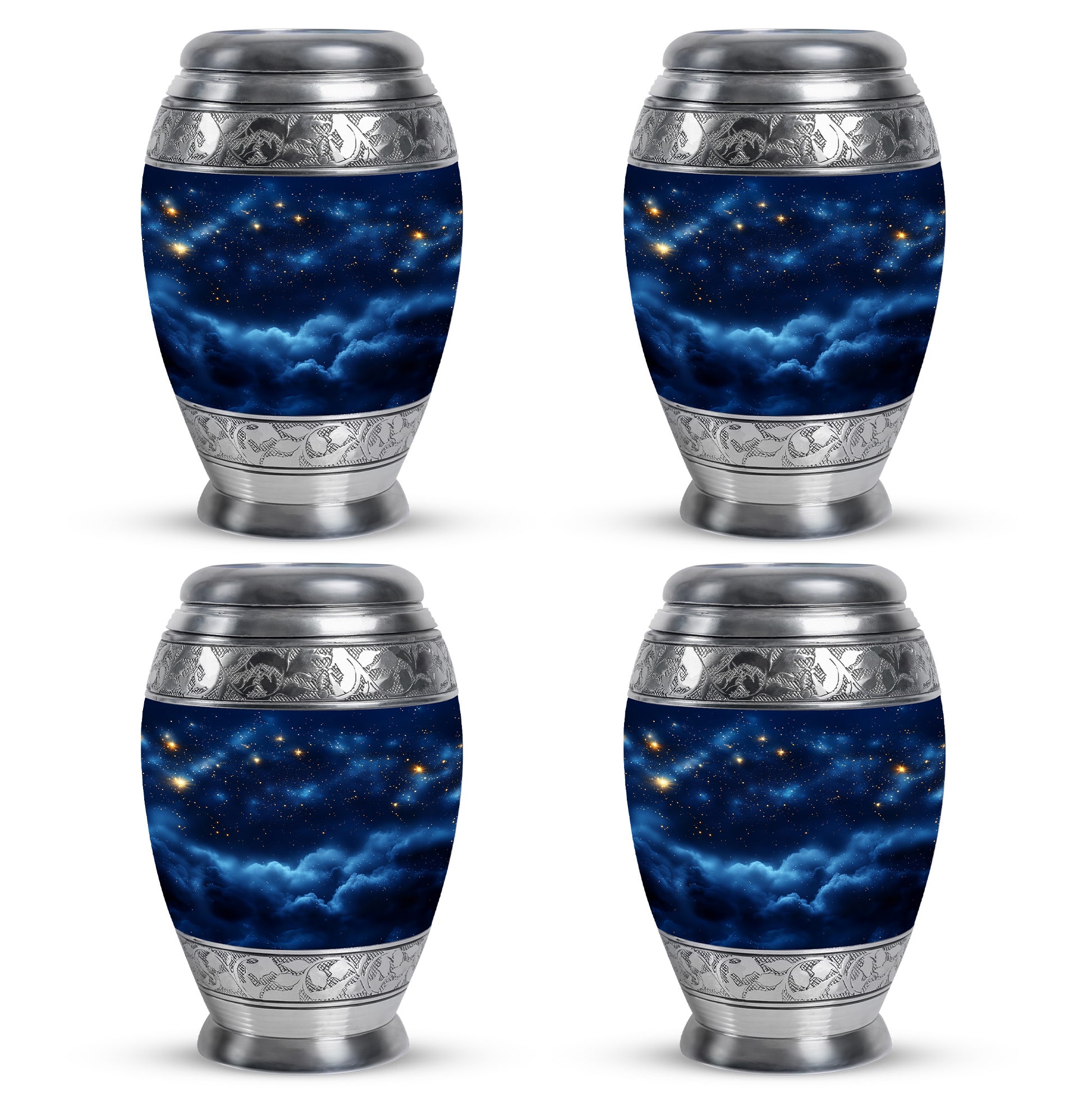 Cornflower Blue Blue Cremation Urn urn with complimentary velvet bag - majestic blue pattern with filigree border - 10 inch aluminum urn for cremated remains