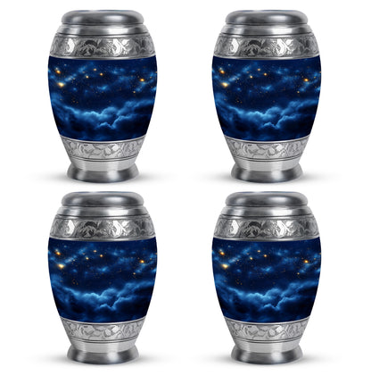 Cornflower Blue Blue Cremation Urn urn with complimentary velvet bag - majestic blue pattern with filigree border - 10 inch aluminum urn for cremated remains