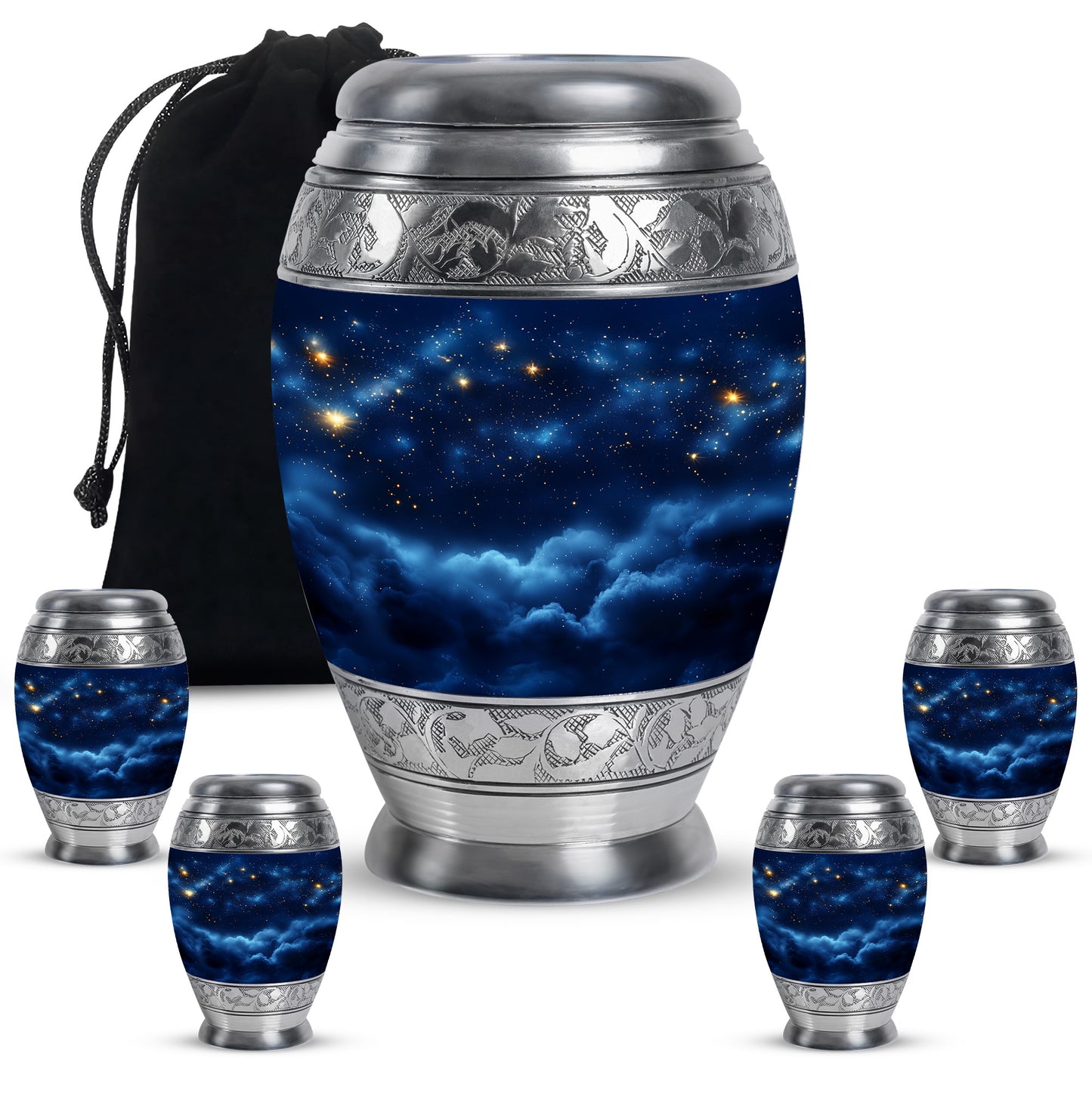 Pastel Blue Blue Cremation Urn detail view - regal blue design with crown-inspired accents - memorial set with one large and four small urns