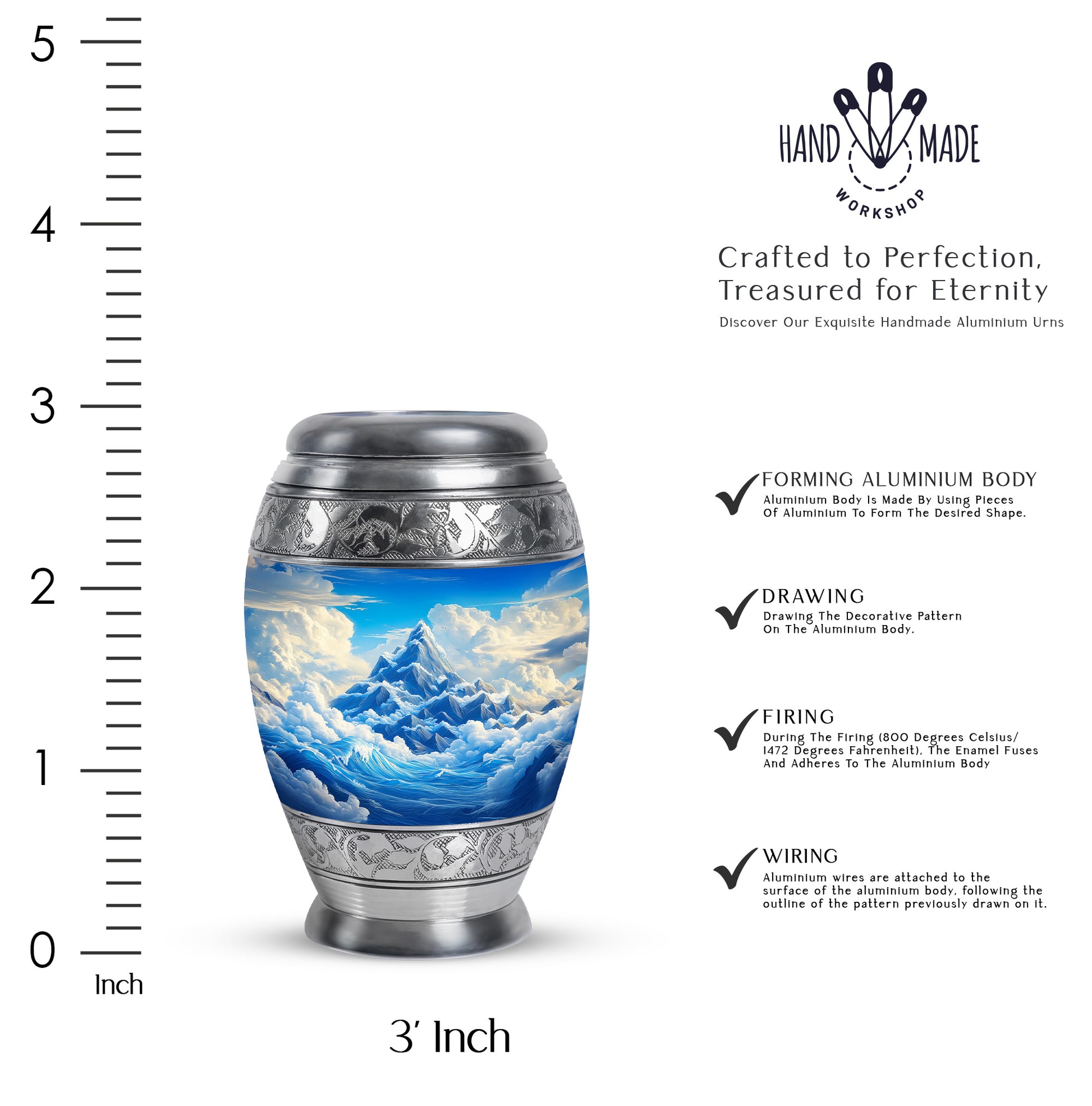 Celestial Blue Blue Cremation Urn lifestyle display on memorial shelf - ornate monarch-style blue relief on brushed aluminum - mini keepsake memorial for portion of cremation ashes