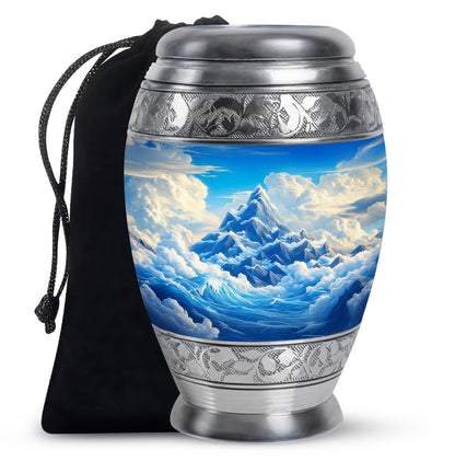 Royal Blue Blue Cremation Urn back view with polished surface - majestic blue pattern with filigree border - full-size 10 inch 200 cubic inch adult cremation urn