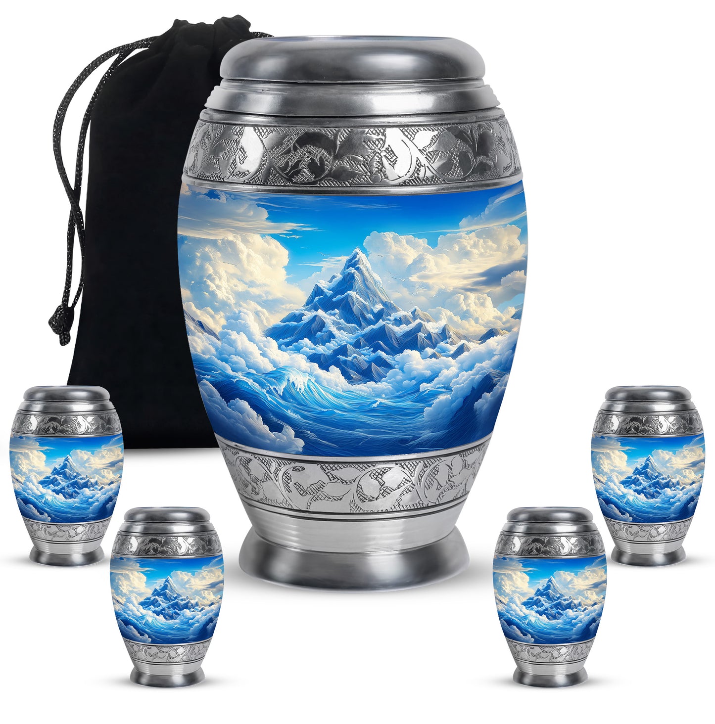 Bright Blue Blue Cremation Urn detail view - majestic blue pattern with filigree border - memorial set with one large and four small urns