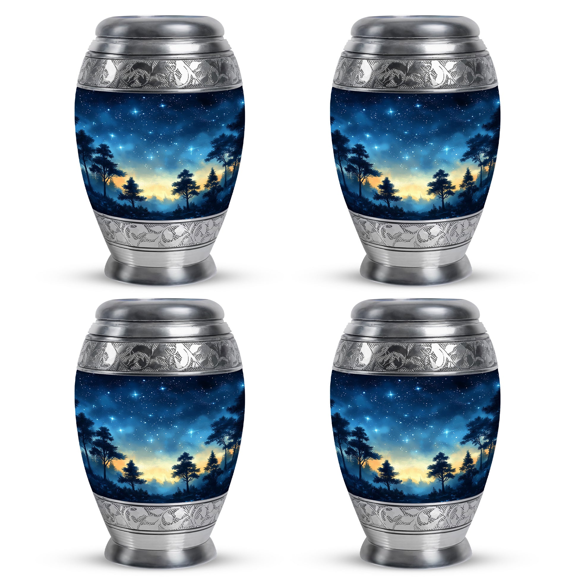 Soft Blue Blue Cremation Urn urn with complimentary velvet bag - royal blue engraving with decorative scrollwork - 10 inch aluminum urn for cremated remains
