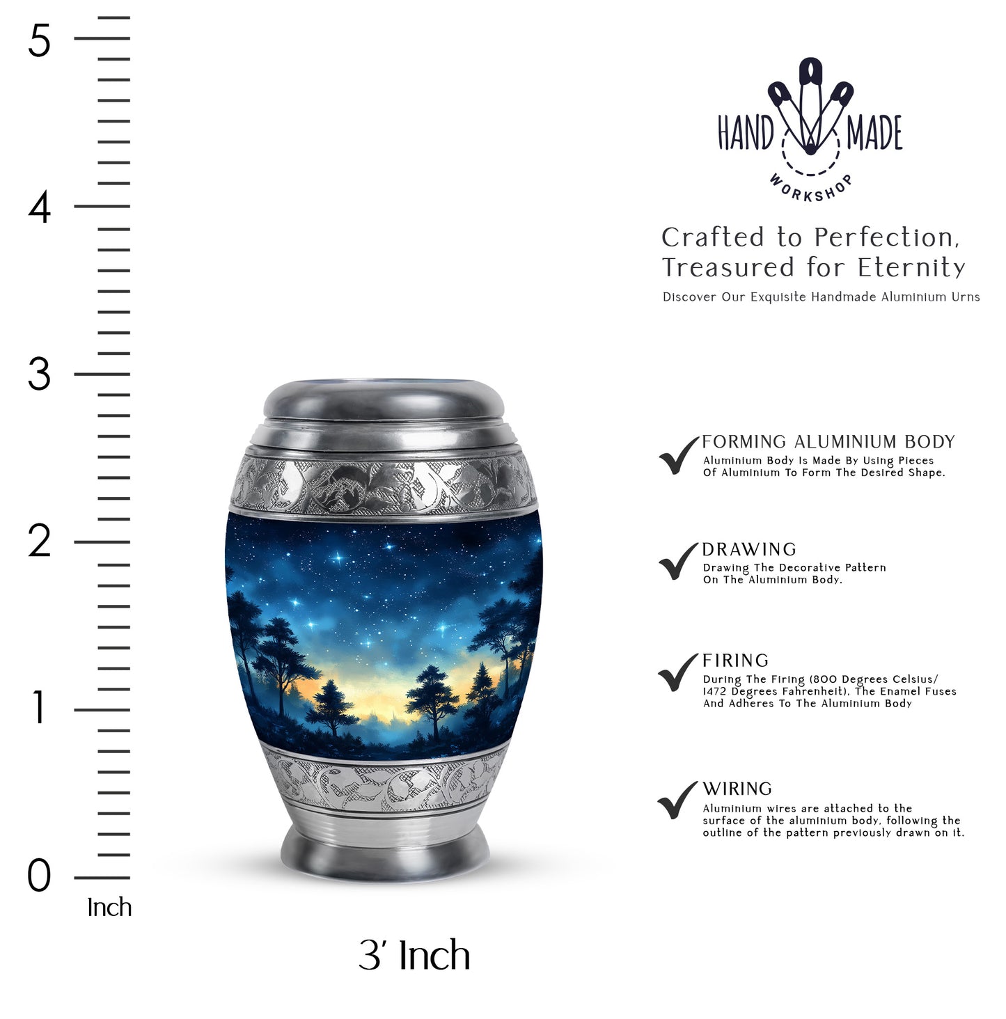 Vivid Blue Blue Cremation Urn lifestyle display on memorial shelf - royal blue engraving with decorative scrollwork - mini keepsake memorial for portion of cremation ashes