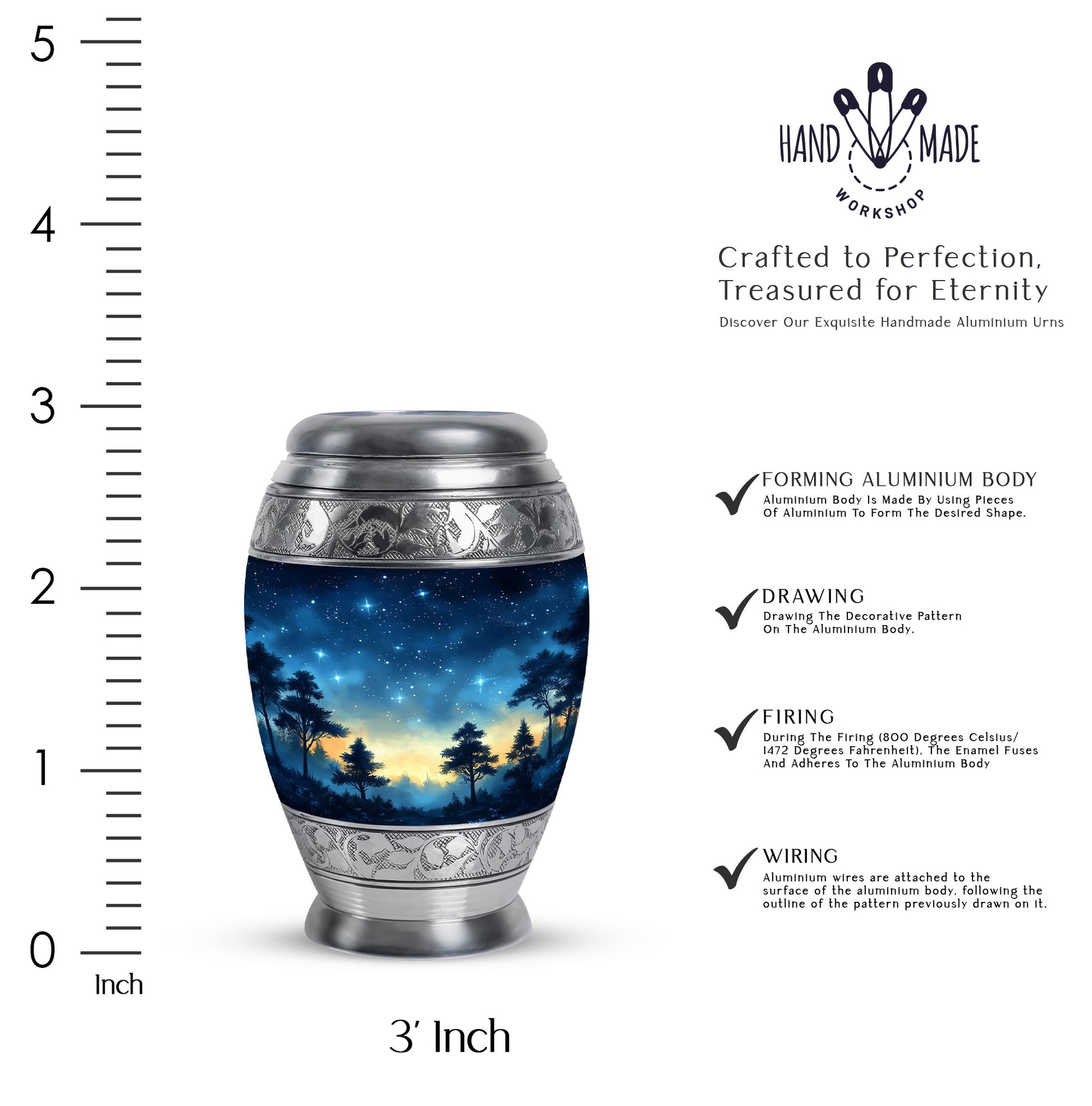 Vivid Blue Blue Cremation Urn lifestyle display on memorial shelf - royal blue engraving with decorative scrollwork - mini keepsake memorial for portion of cremation ashes