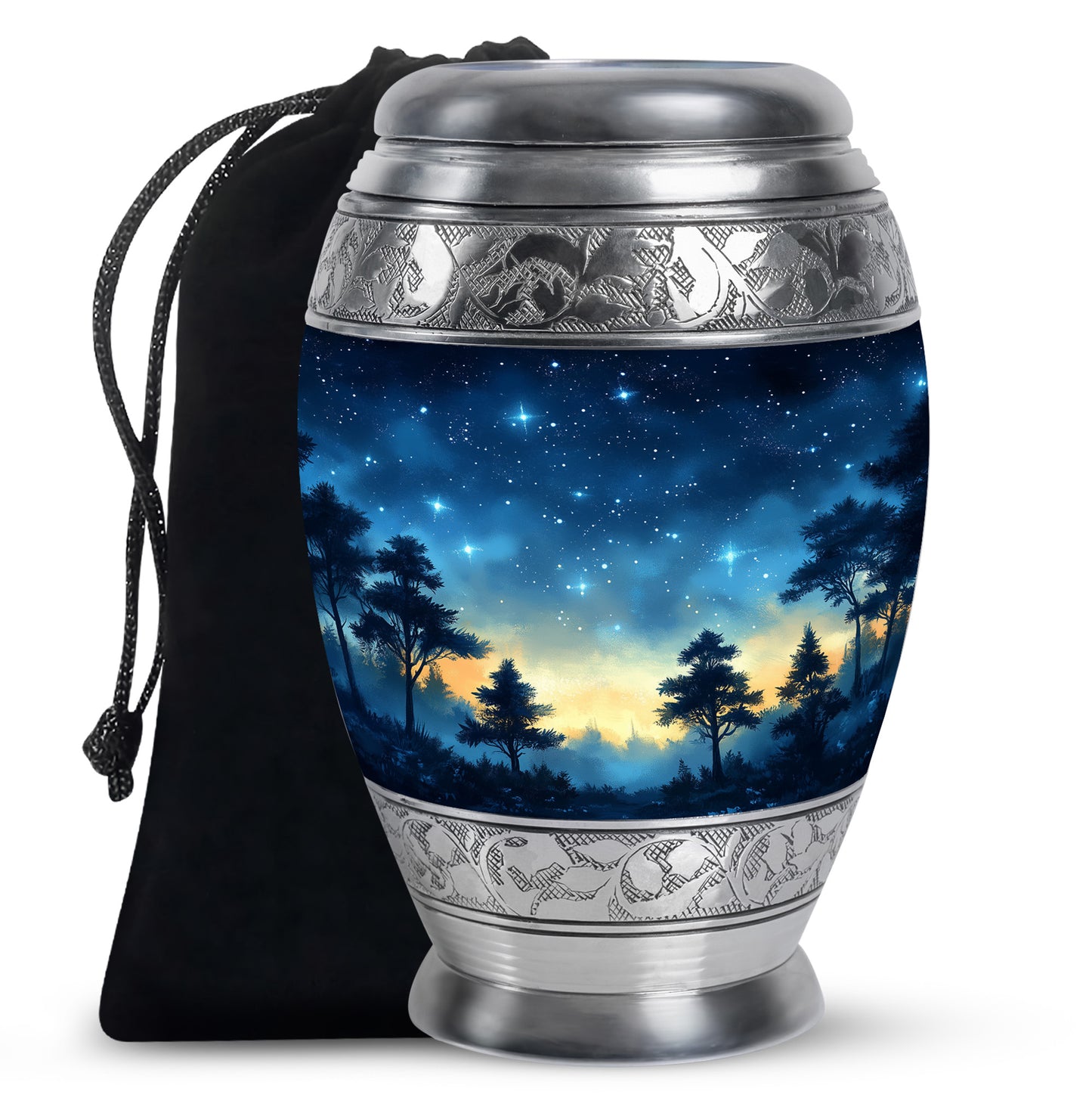 Twilight Blue Blue Cremation Urn back view with polished surface - majestic blue pattern with filigree border - full-size 10 inch 200 cubic inch adult cremation urn