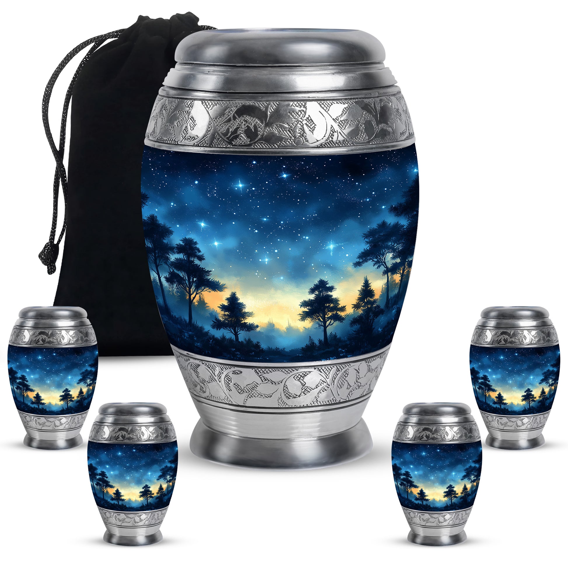 Azure Blue Cremation Urn detail view - regal blue design with crown-inspired accents - memorial set with one large and four small urns