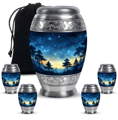 Azure Blue Cremation Urn detail view - regal blue design with crown-inspired accents - memorial set with one large and four small urns
