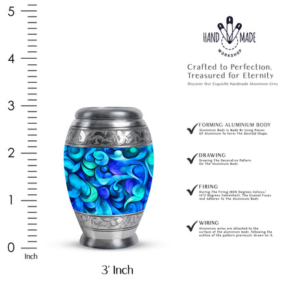 Azure Blue Cremation Urn lifestyle display on memorial shelf - regal blue design with crown-inspired accents - mini keepsake memorial for portion of cremation ashes