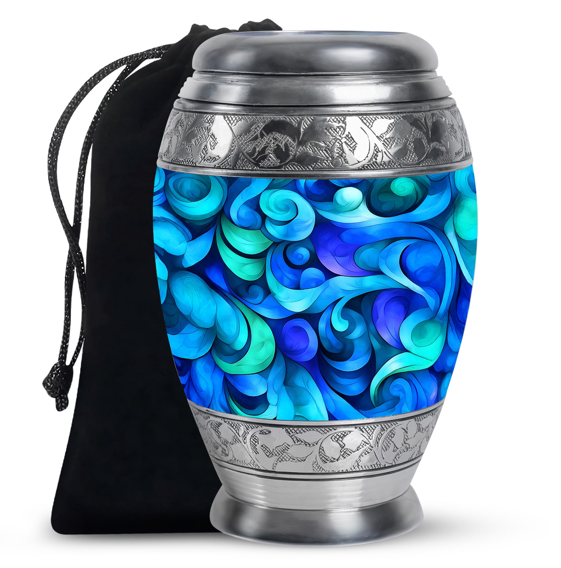 Powder Blue Blue Cremation Urn back view with polished surface - ornate monarch-style blue relief on brushed aluminum - full-size 10 inch 200 cubic inch adult cremation urn