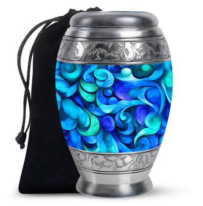 Powder Blue Blue Cremation Urn back view with polished surface - ornate monarch-style blue relief on brushed aluminum - full-size 10 inch 200 cubic inch adult cremation urn