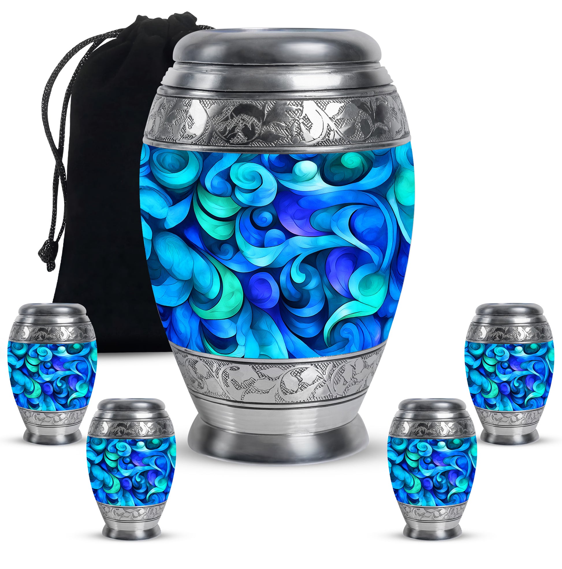 Serene Blue Blue Cremation Urn detail view - royal blue engraving with decorative scrollwork - memorial set with one large and four small urns